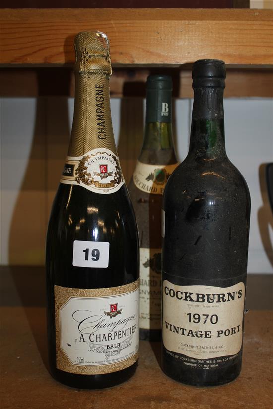 1 x  bottle of Cockburns Vintage Port 1970, 1 x bottle Puligny-Montrachet 1986 (Bouchard Pere & Fils) and 1 x bottle of Champagne (A...